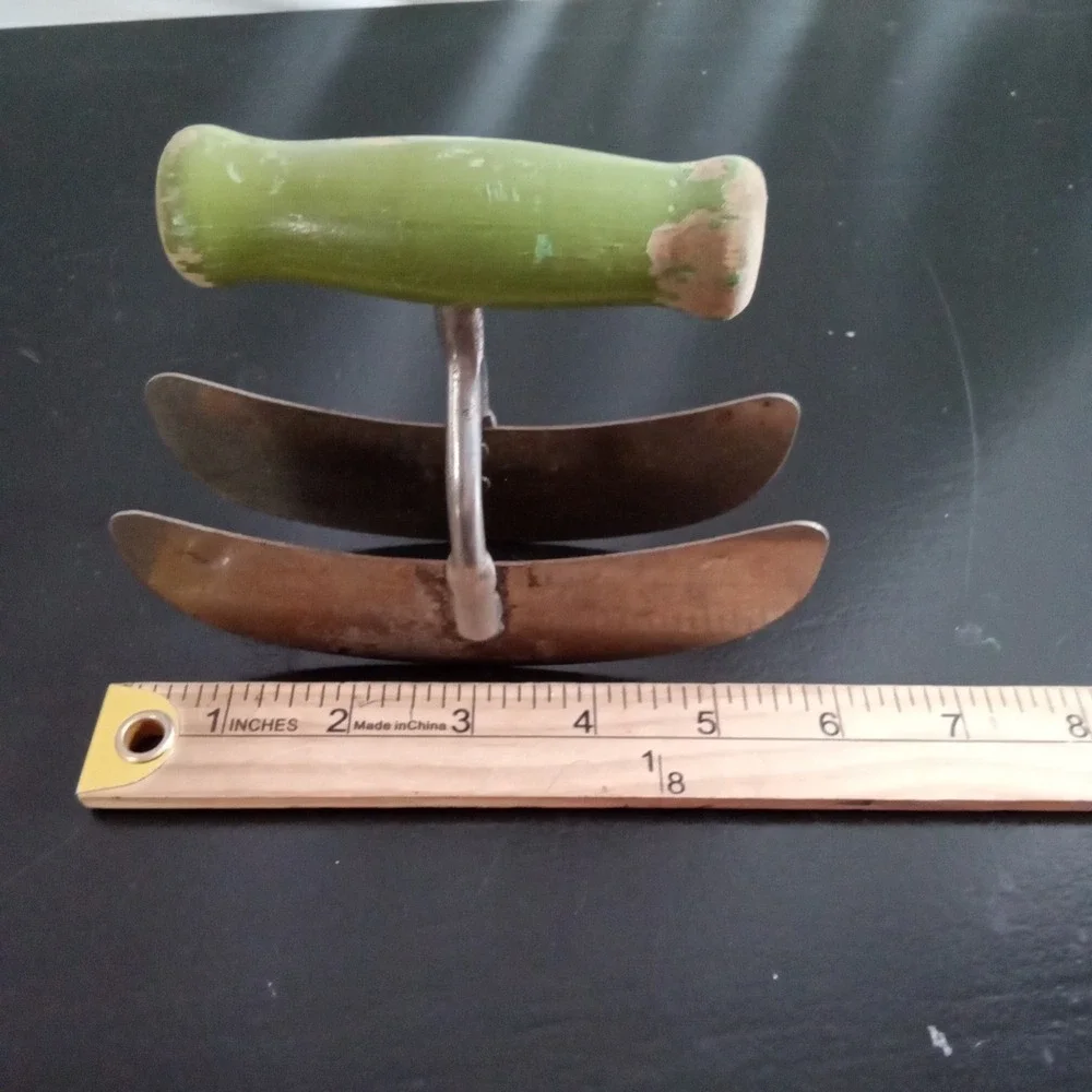 Vintage Double Blade Mezzaluna Herb Chopper Green Wood Handle Rustic Kitchen